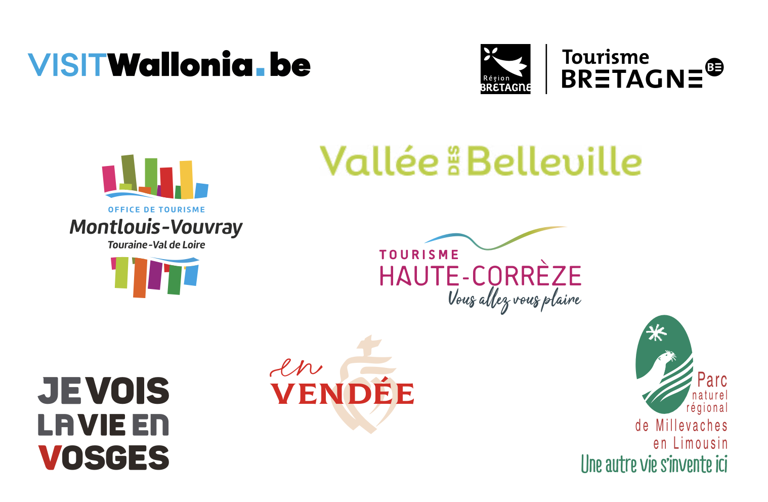 Logos des destinations partenaires : Visit Wallonia, Tourisme Bretagne, Vallée des Belleville, Montlouis-Vouvray, Haute-Corrèze, en Vendée, Parc de Millevaches, Je vois la vie en Vosges