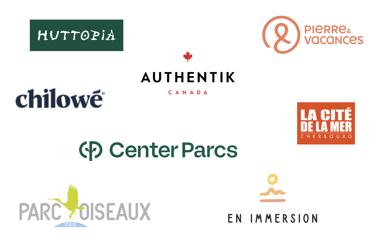 Logos des marques partenaires : Huttopia, Pierre & Vacances, Chilowé, Authentik Canada, La Cité de la Mer, Center Parcs, Parc des Oiseaux, En Immersion